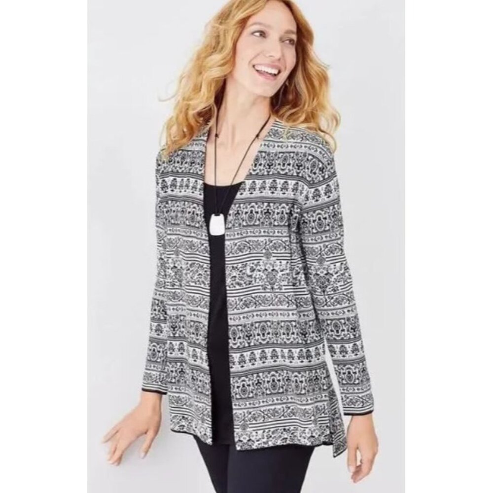 J Jill Cardigan Womens Large Open Front  Jaquard Sweater Slits Boho